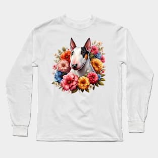 A bull terrier with beautiful colorful flowers Long Sleeve T-Shirt